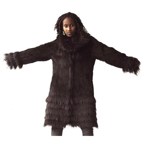 Winter Fur Ladies Brown Genuine Knitted Mink 3/4 Coat With Raccoon Trimmings W09KQ02